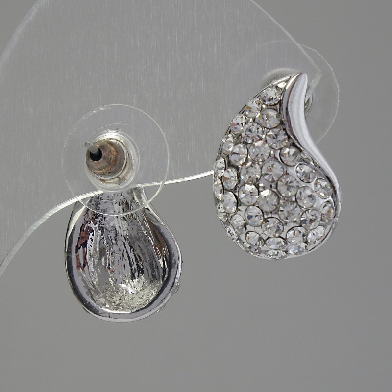 Kolczyki sztyfty z kryształami, kolor biały, 12×18 mm, metal srebrzysty