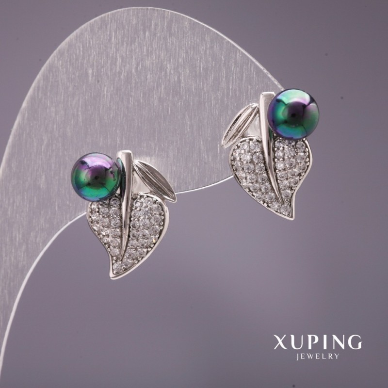 Kolczyki Xuping z perłami Majorki, kolor czarny, 16×14 mm, rhodiowane