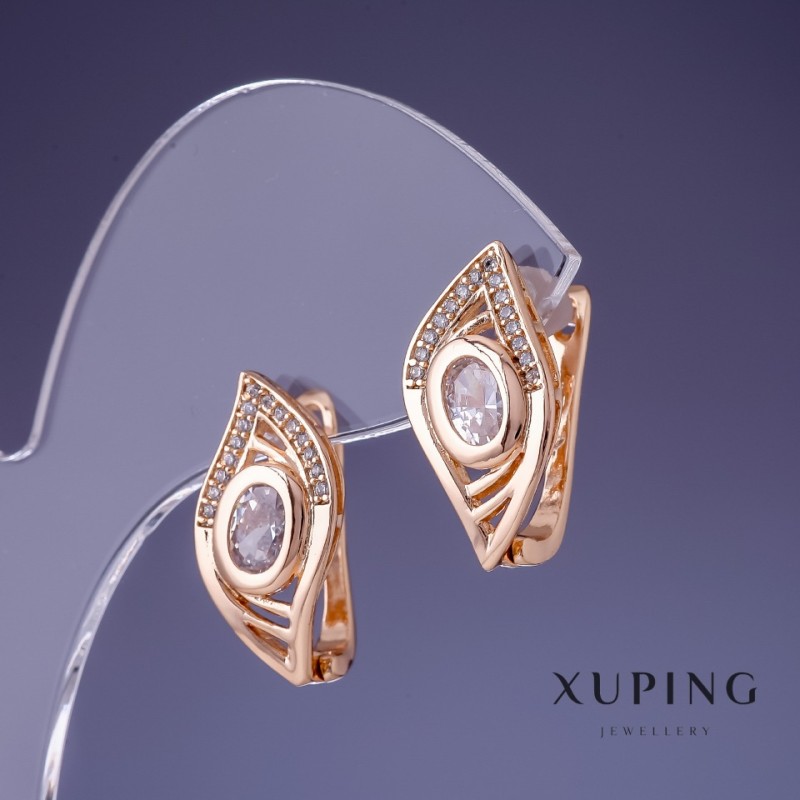 Kolczyki Xuping z kamieniem, kolor biały, 20×10 mm, pozłacane 18K