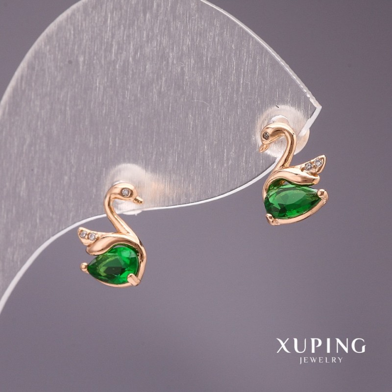 Kolczyki Xuping sztyfty – Łabędzie z kamieniem, kolor zielony, 10×7 mm, złocenie 18K