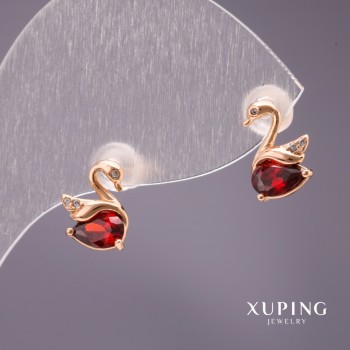 Kolczyki sztyfty Xuping «Łabędzie» z czerwonym kamieniem, kolor czerwony, 10×7 mm, pozłacane 18K
