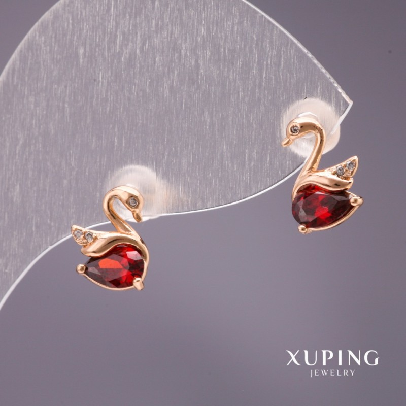 Kolczyki sztyfty Xuping «Łabędzie» z czerwonym kamieniem, kolor czerwony, 10×7 mm, pozłacane 18K