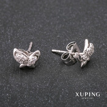 Kolczyki Xuping wkrętki Motyle z cyrkoniami, kolor biały, rodowane, 9×7 mm