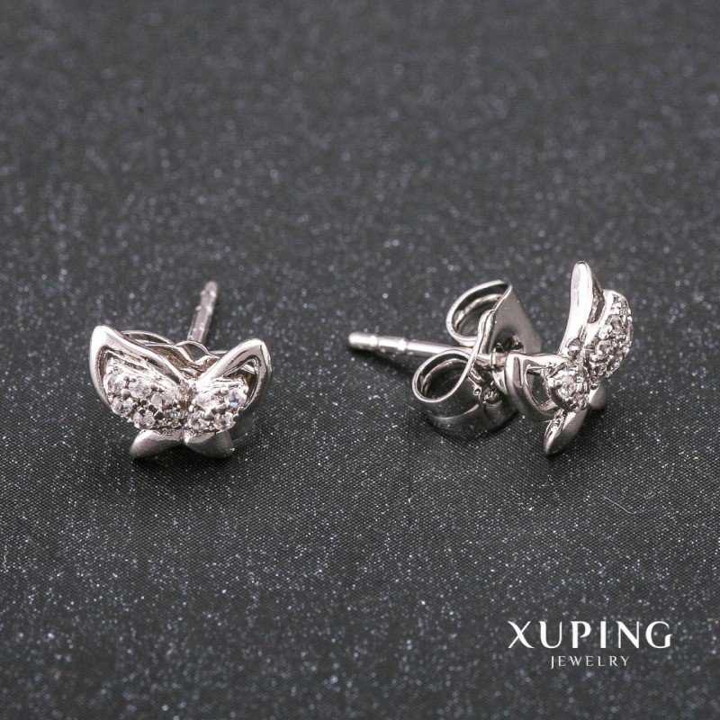 Kolczyki Xuping wkrętki Motyle z cyrkoniami, kolor biały, rodowane, 9×7 mm