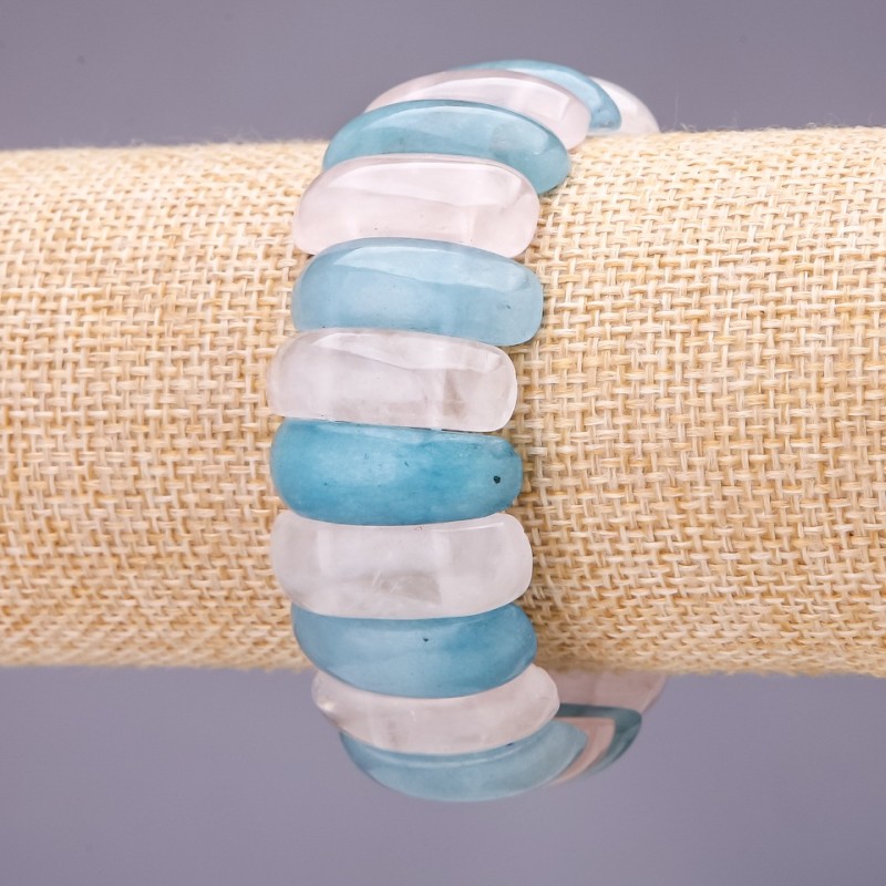 Bransoletka z akwamarynu i różowego kwarcu, ogniwo 25×10 mm, długość 18 cm na gumce