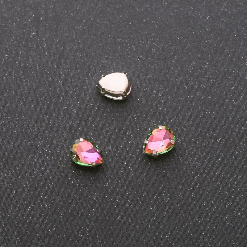 Cena za opakowanie / 10 szt. Kryształ naszywany w czapie kropla 6×8 mm różowo-zielony