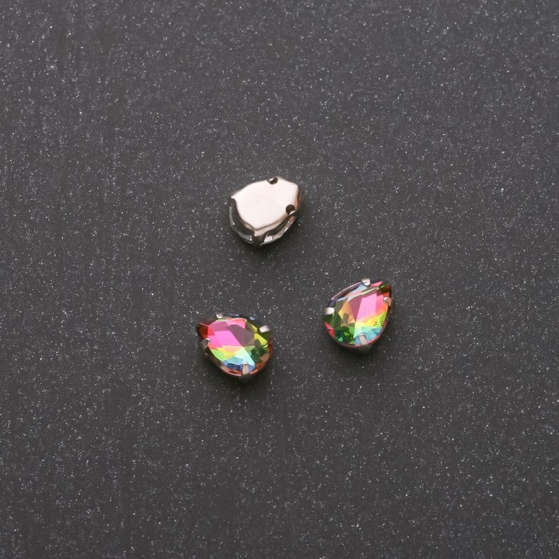 Cena za opakowanie / 10 szt. Naszaywany kryształ w oprawie pazurkowej w kształcie kropli 6×8 mm zielono-różowy
