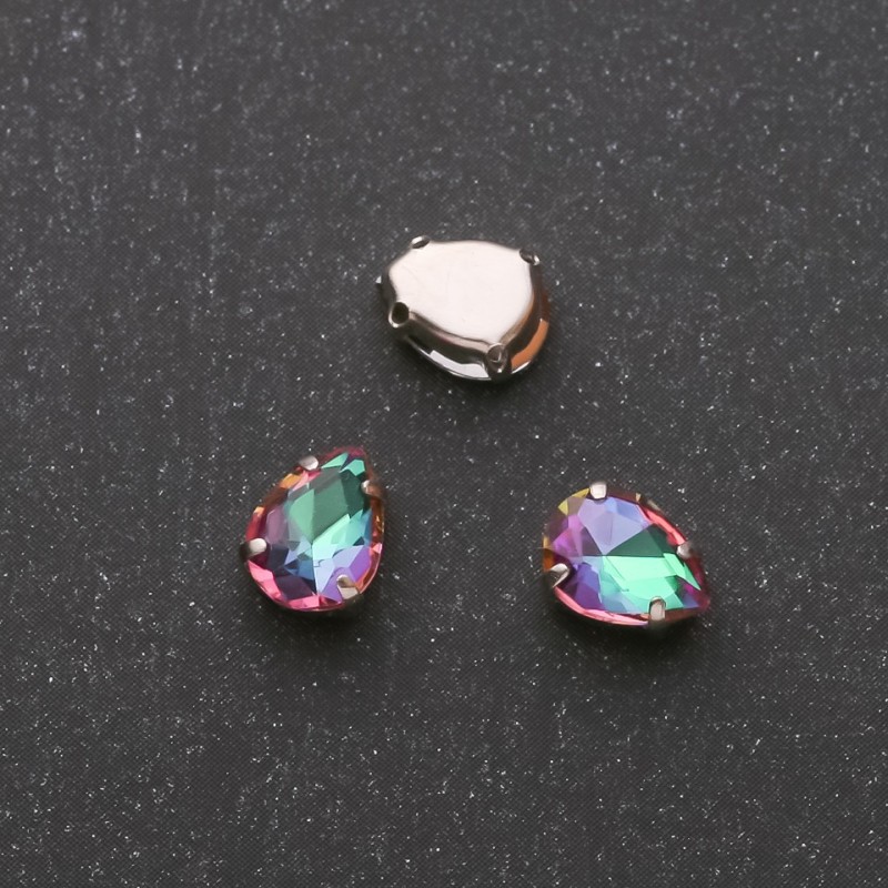 Cena za opakowanie /10 szt. Kryształ naszywany w czapie, kropla 6×8 mm, zielono-malinowy