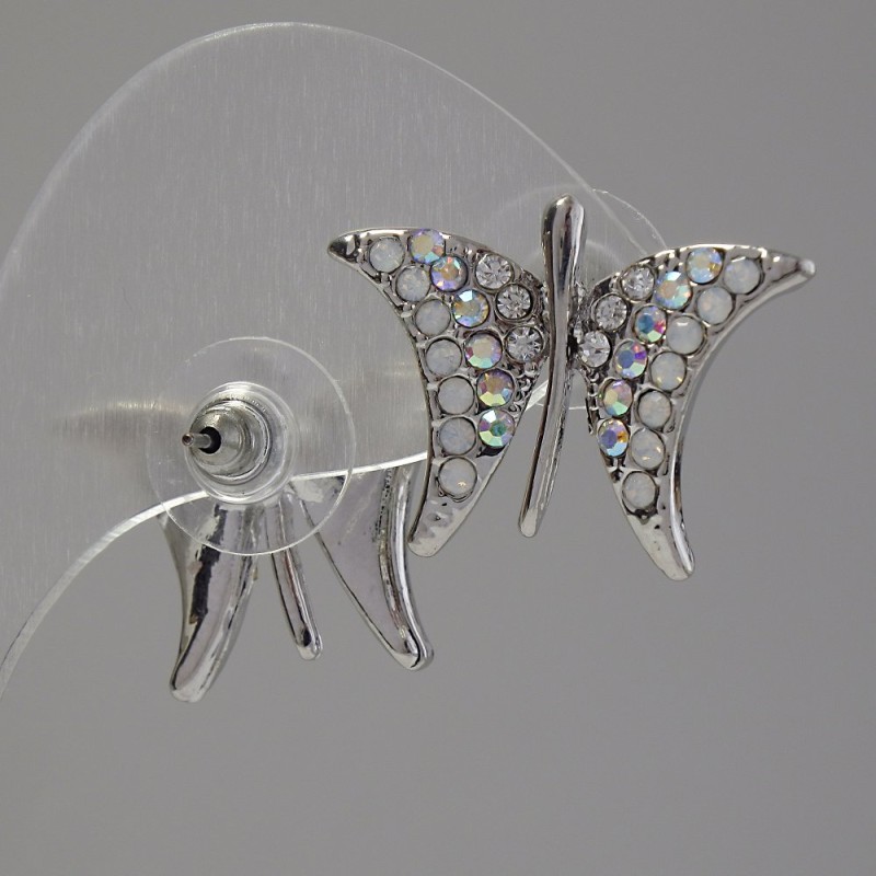 Kolczyki sztyfty «Motyle», z kryształami-chameleon, metal w kolorze srebra, 2,2 cm