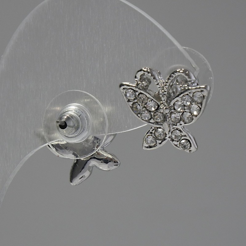 Kolczyki sztyfty «Motyle», z białymi cyrkoniami, metal w kolorze srebra, 1,5 cm
