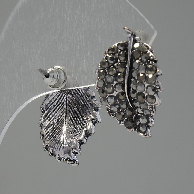 Sztyfty „Liść”, ciemne kryształy, metal w odcieniu srebra, 22 mm