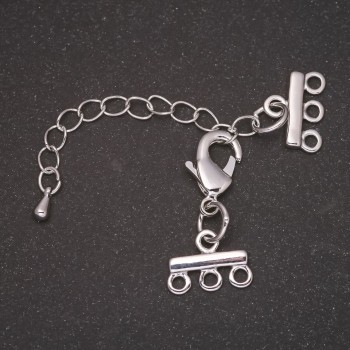 Zamek do bransoletek i koralików na 3 nici z przedłużającym łańcuszkiem, metal w kolorze srebrnym, średnica 10×14 mm, długość 5 cm