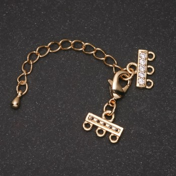 Zamek do bransoletek i koralików na 3 nitki ze kryształami i przedłużającym łańcuszkiem, metal złoty, średnica 9×12 mm, długość 5 cm