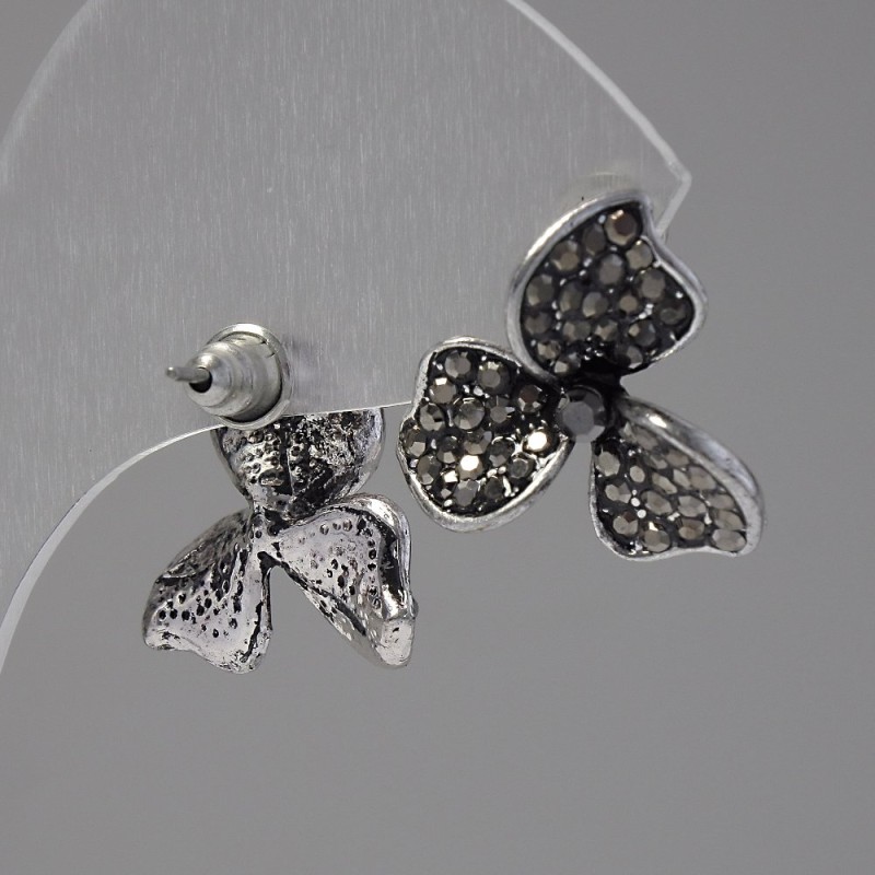 Kolczyki sztyfty Trójlistna koniczyna, ciemne cyrkonie, metal pokryty srebrem, 20 mm