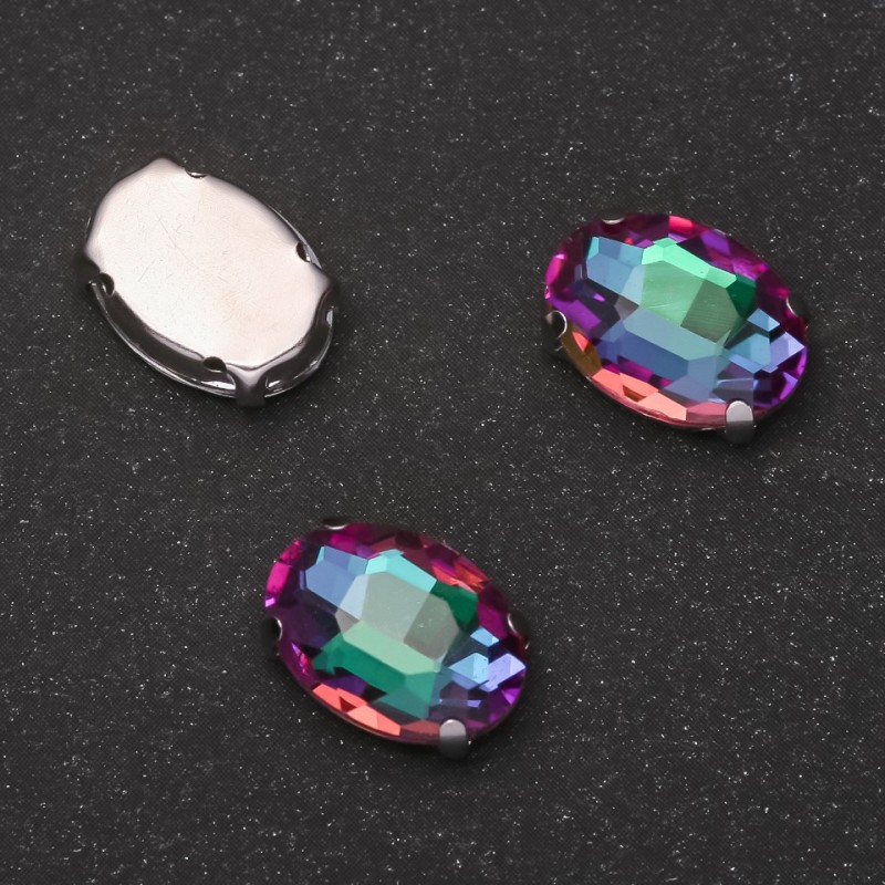 Cena za opakowanie /10 szt. Kryształ do przyszycia w czapie, owalny 10×14 mm, zielono-malinowy