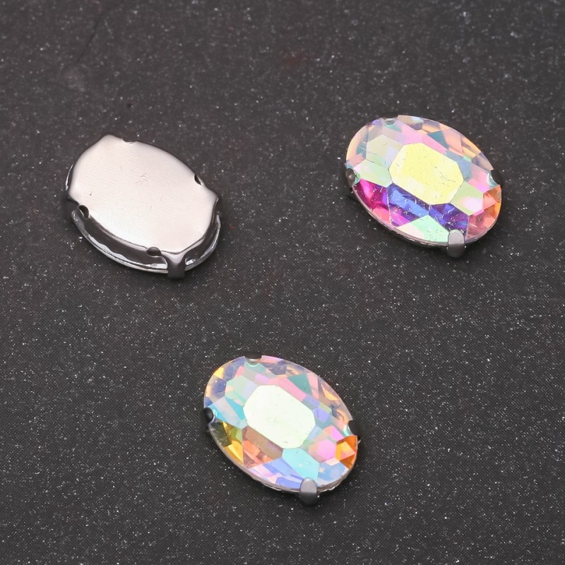 Cena za opakowanie / 10 szt. Kryształ naszywany w czapie, owalny 10×14 mm, tęczowy