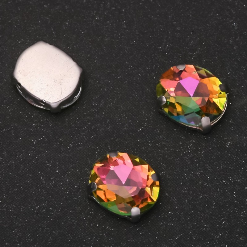 Cena za opakowanie / 10 szt. Naszywany kryształ w czapie, owalny 10×12 mm, różowo-zielony