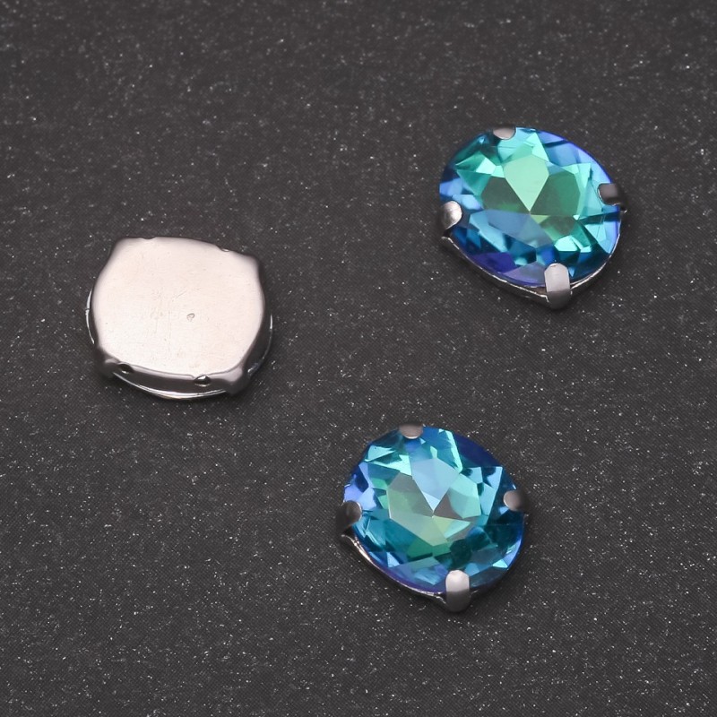 Cena za opakowanie / 10 szt. Kryształ naszywany w czapie, owalny 10×12 mm, zielono-niebieski