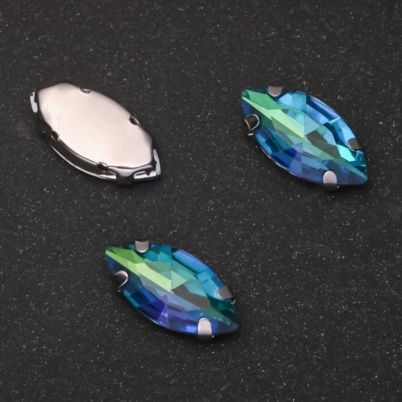 Cena za opakowanie /10 szt. Kryształ przyszywany w czapie, owalny 9×18 mm zielono-niebieski