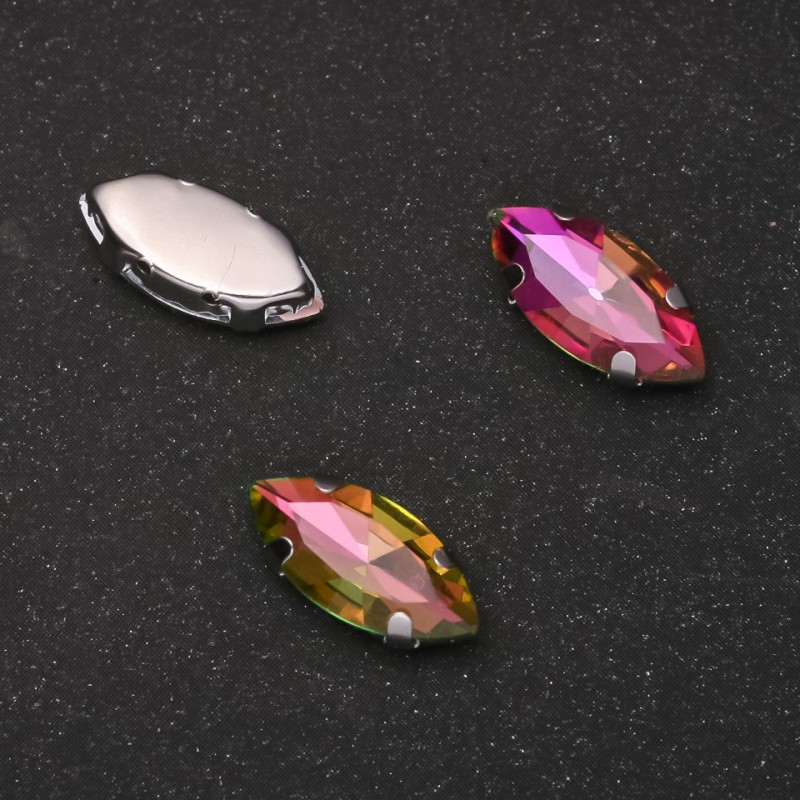 Cena za opakowanie / 10 szt. Przyszywany kryształ w czapie, owal 9x18 mm, różowo-zielony