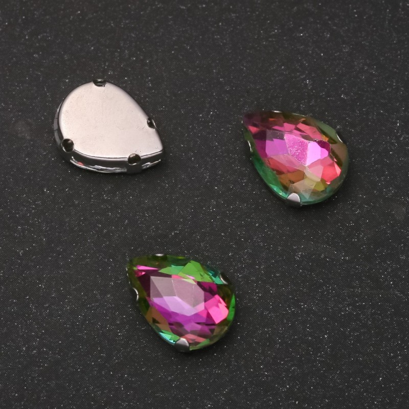 Cena za opakowanie / 10 szt. Kryształ naszywany w kształcie kropli 10×14 mm różowo-zielony