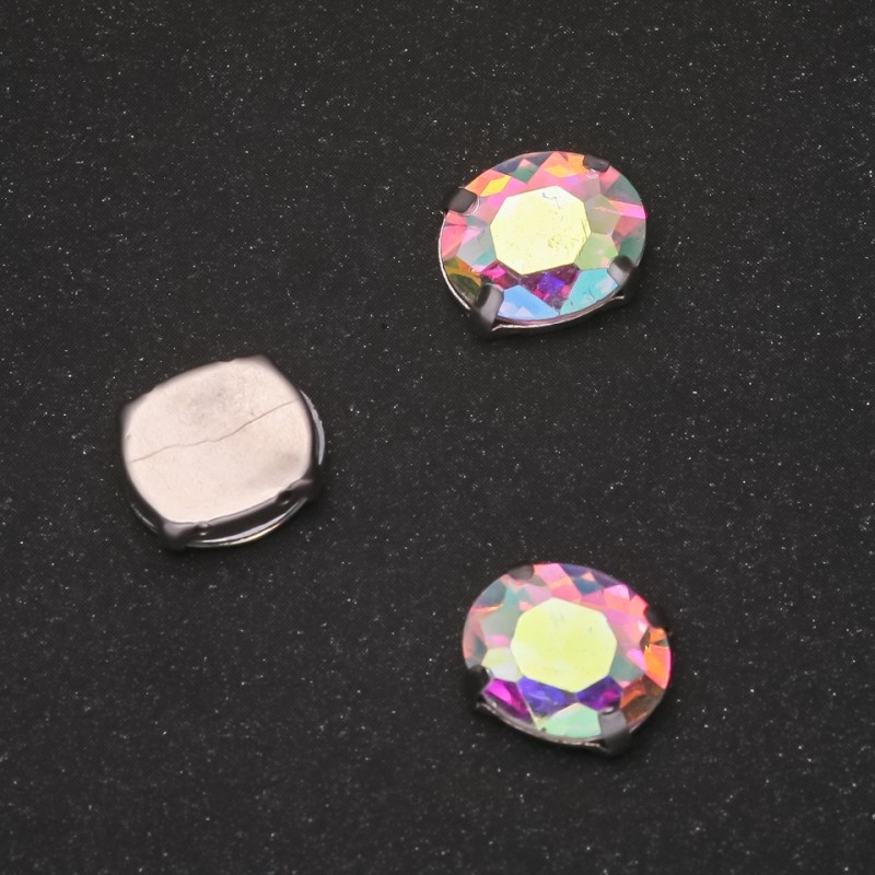 Cena za opakowanie / 10 szt. Naszywany kryształ w czapie, owalny 8×10 mm, tęczowy