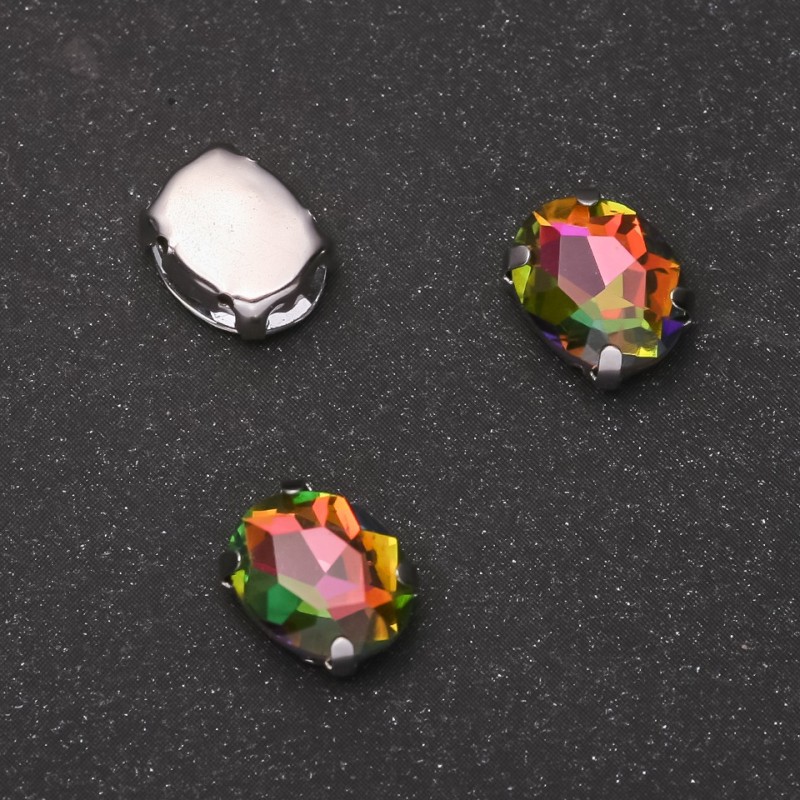Cena za opakowanie / 10 szt. Przyszywany kryształ w czapie, owalny, 8×10 mm, różowo-zielony