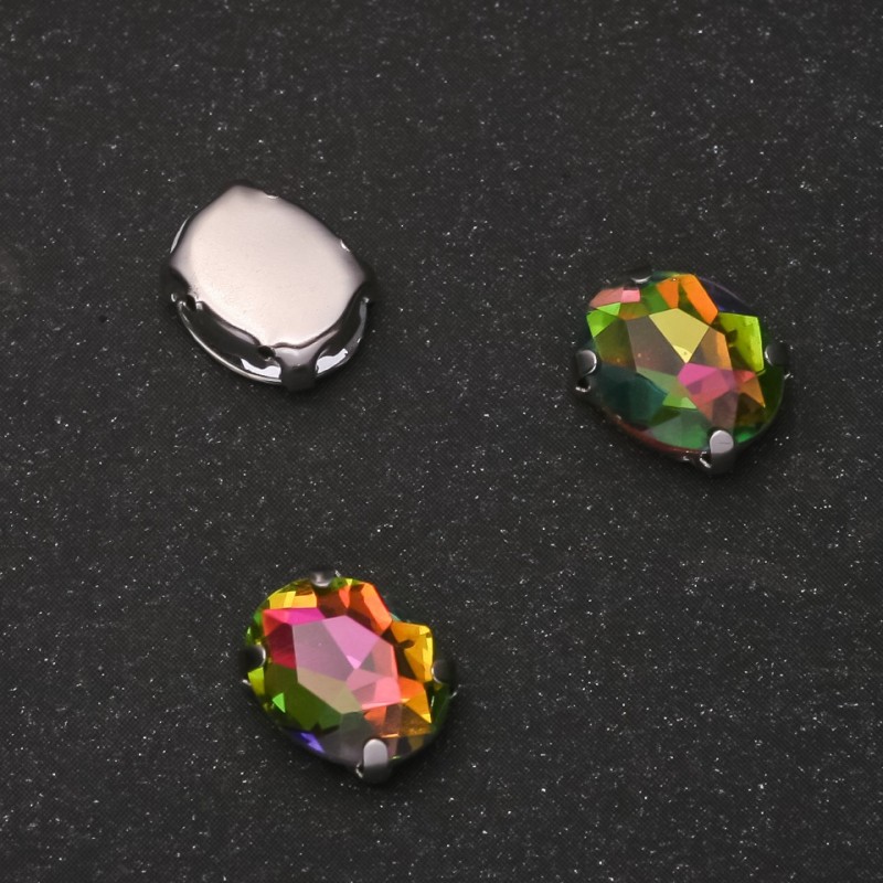 Cena za opakowanie / 10 szt. Kryształ naszywany w czapie, owalny, 8x10 mm, tęczowy