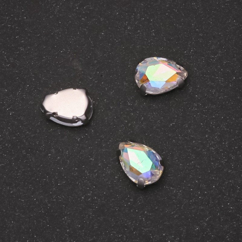 Cena za opakowanie /10 szt. Przyszywany kryształ w czapie - kształt kropli, 7×10 mm, tęczowy