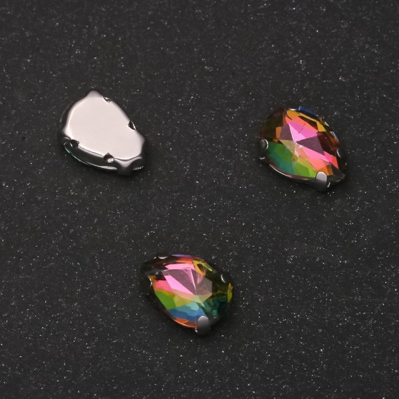 Cena za opakowanie /10 szt. Naszywany kryształ w oprawie w kształcie kropli 7×10 mm, różowo-zielony