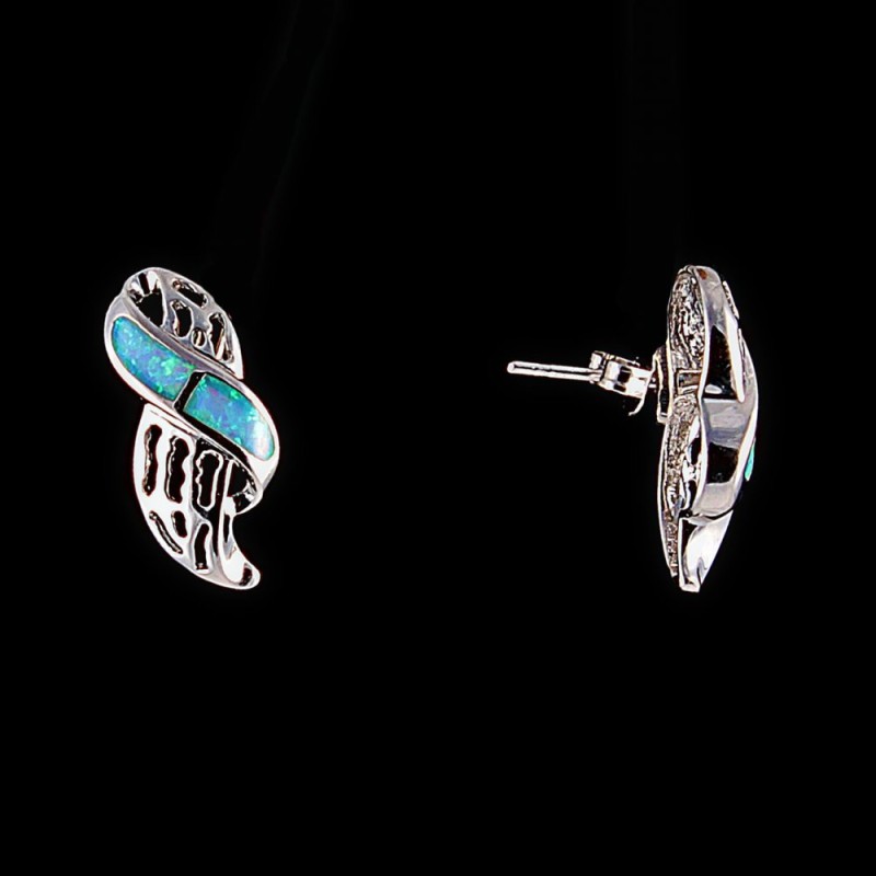 Kolczyki sztyfty ażurowe, wstawka – błękitny opal (sztuczny); kolor srebrny / 20×10 mm