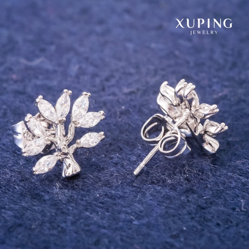 Kolczyki Xuping, kolczyki sztyfty, Drzewo z białymi kamieniami, 12×13 mm, Rodowane
