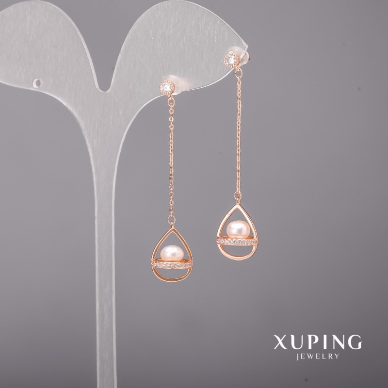 Kolczyki Xuping z białymi kamieniami i perłami Majorki 10x52 mm, pozłacane 18K