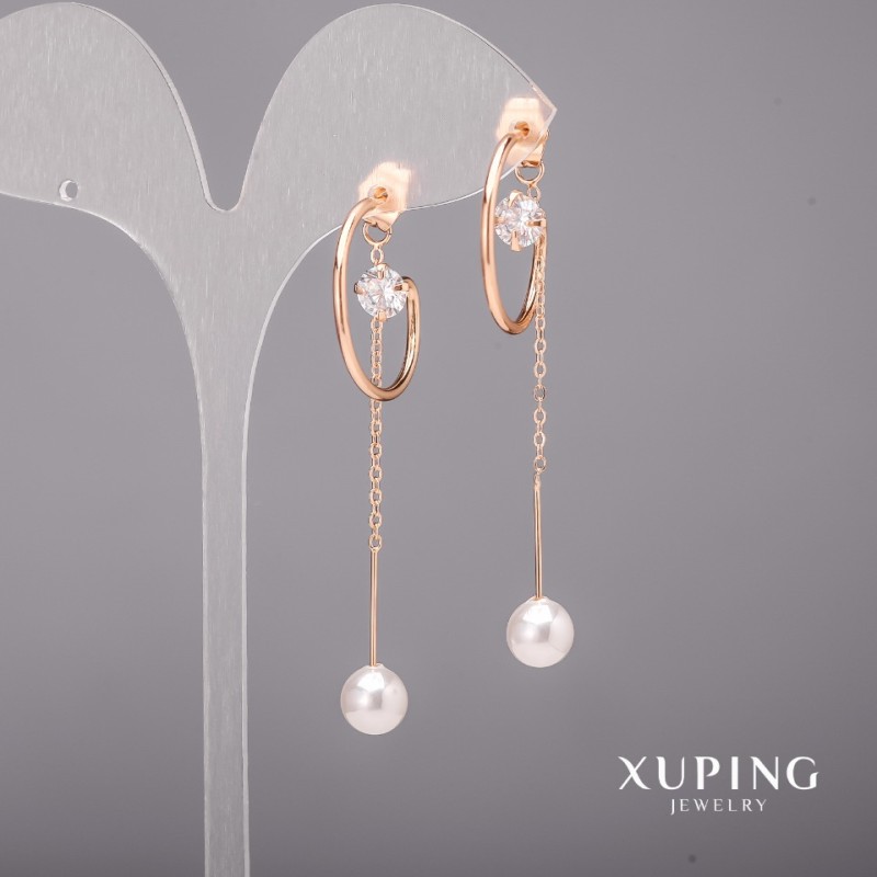 Kolczyki Xuping z białymi kamieniami i perłami Majorki 23×64 mm Pozłacane 18K