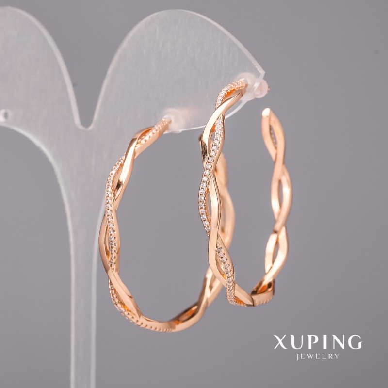 Kolczyki Xuping — koła z białymi kamieniami 4×42 mm, pozłacane 18K