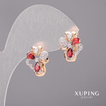 Kolczyki Xuping z czerwonymi kamieniami 12×15 mm, rodowane i pozłacane 18K