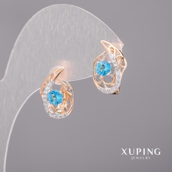 Kolczyki Xuping z błękitnym kamieniem 11×16 mm, rodowanie, pozłacanie 18K