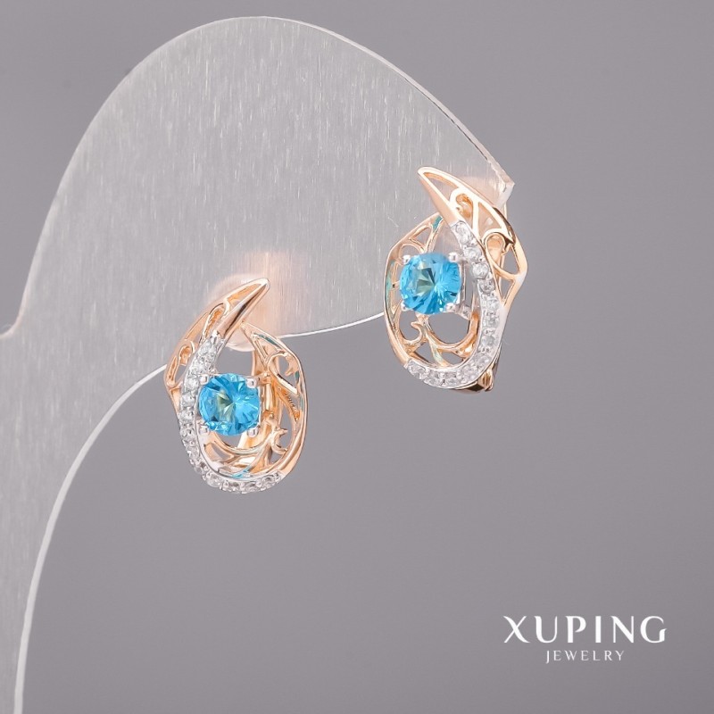 Kolczyki Xuping z błękitnym kamieniem 11×16 mm, rodowanie, pozłacanie 18K