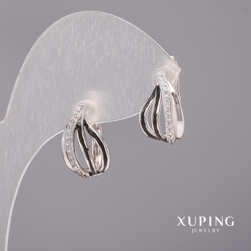 Kolczyki Xuping z białymi kamieniami i czarną emalią 10×16 mm, rodowane