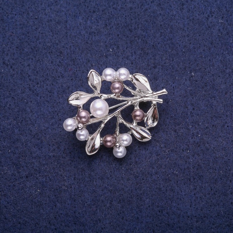Broszka Gałązka z perłami, metal srebrzysty 28×35 mm