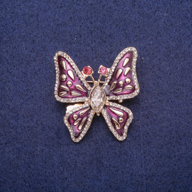 Broszka motyl z emalią i kryształami, metal złocisty 32×35 mm