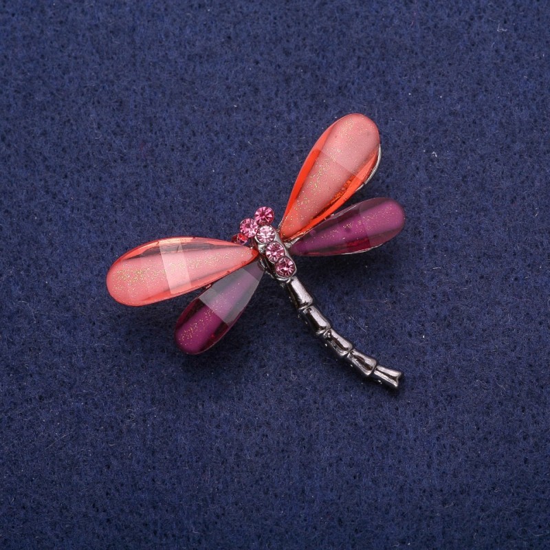 Broszka w kształcie ważki z kryształami, metal srebrzysty 32×43 mm