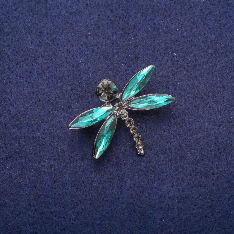 Broszka «Ważka» z zielonymi kryształami, srebrzysty metal 26×32 mm