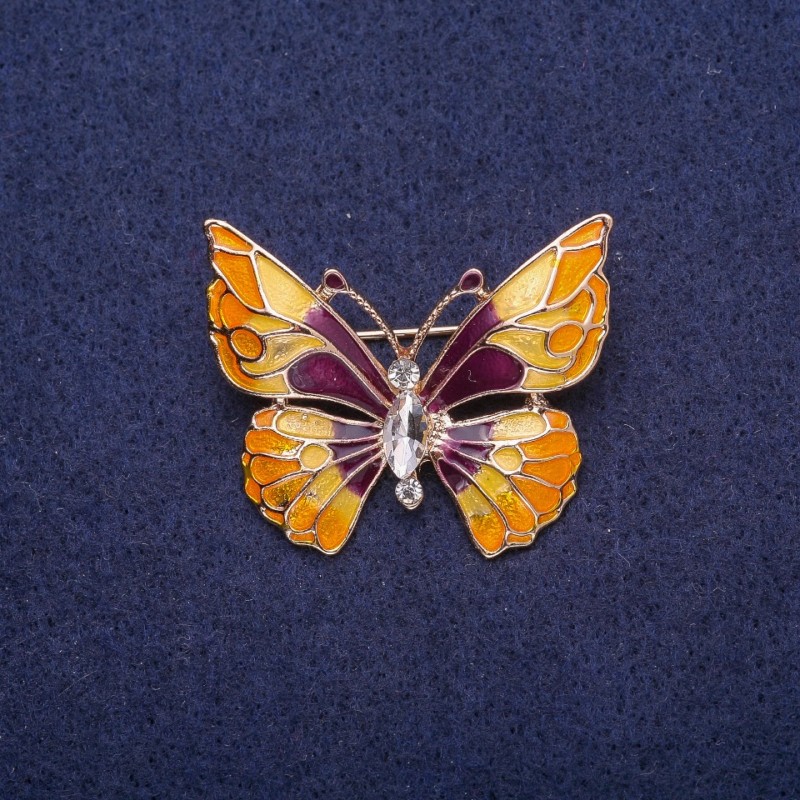 Broszka Motyl z emalią i kryształem, metal złocisty 29×37 mm