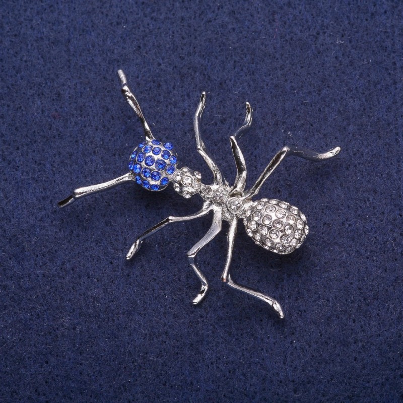 Broszka Mrówka z kryształami, metal srebrzysty 35×44 mm
