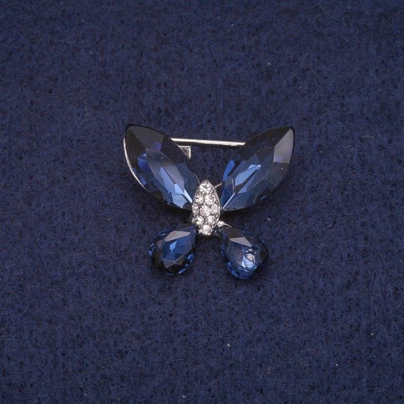 Broszka w kształcie motyla z kryształami, metal srebrzysty 20×23 mm