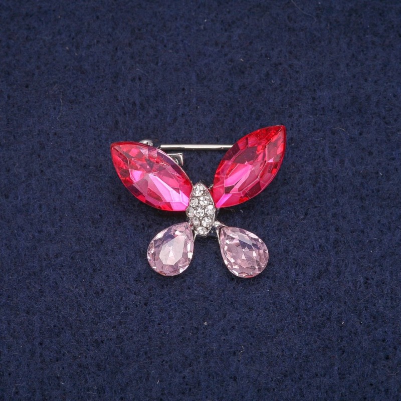 Broszka motyl z kryształami, srebrzysty metal 20×23 mm