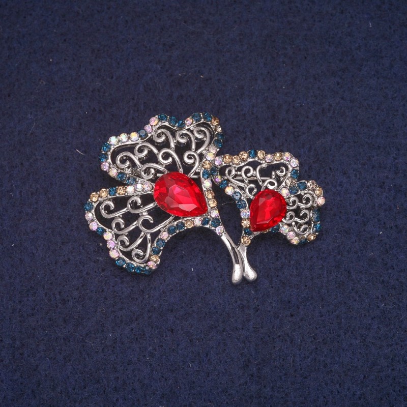 Broszka Liściki z kryształami, metal srebrzysty 33×41 mm
