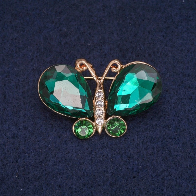 Broszka Motyl z zielonymi i białymi kryształami, złoty metal 23×34 mm