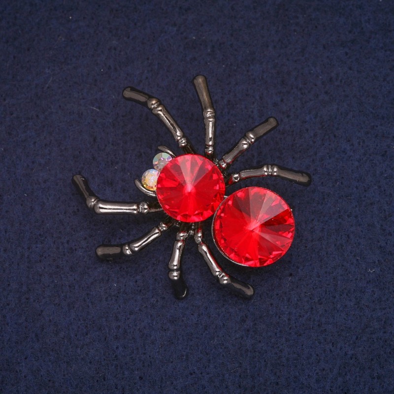 Broszka Pająk z czerwonym kryształem i szarą emalią, srebrzysty metal 36×40 mm